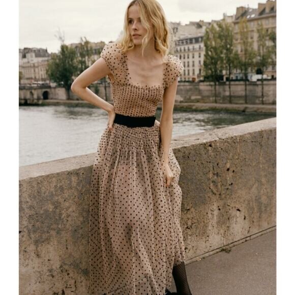 Doen Pamelina Maxi Dress Flocked Dot Ruffle Sheer Smocked Cocktail medium m - Picture 1 of 4